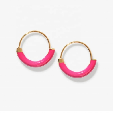 925 스털링 실버 이어링 18MM 직경 후프, 핫 핑크 에나멜 및 18K 골드 플레이팅