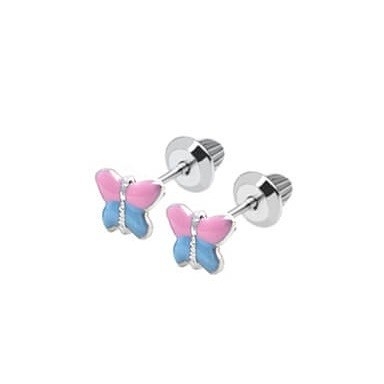 18K 노란 금 핑크 블루 에나멜 나비 귀걸이 E 코팅