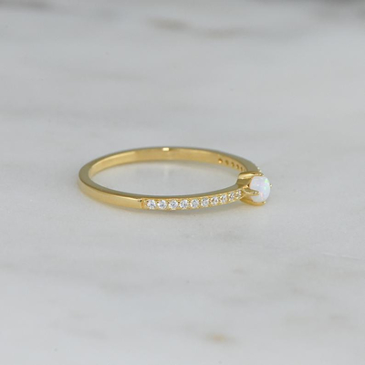 Women's Minimalist Design 925 Sterling Silver 18K Gold White Zircon Opal Ring