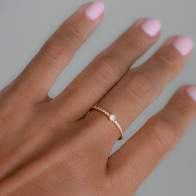 Women's Minimalist Design 925 Sterling Silver 18K Gold White Zircon Opal Ring