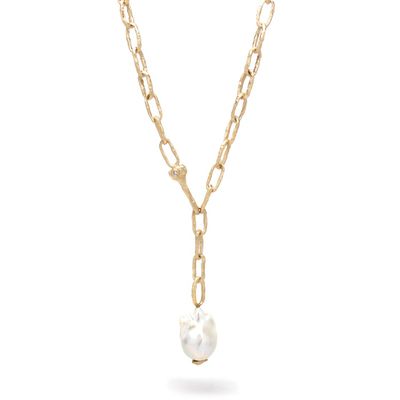 18K Gold Plated Natural Freshwater Baroque Pearl Necklace with Chunky Chain and CZ
