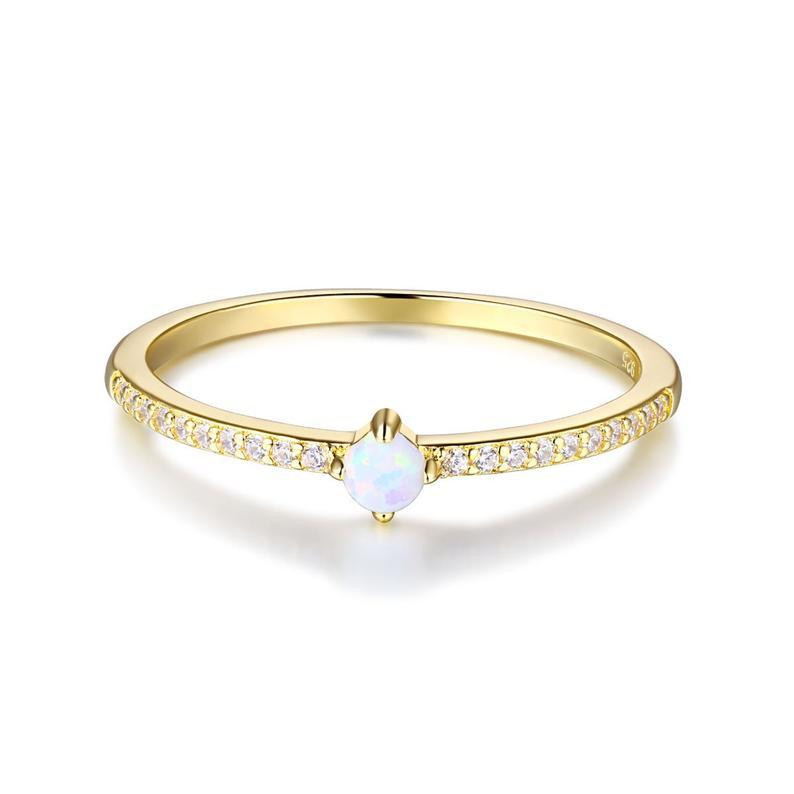 Women's Minimalist Design 925 Sterling Silver 18K Gold White Zircon Opal Ring