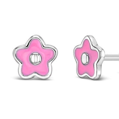 925 스털링 실버 6mm 핑크 에나멜 꽃 스터드 귀걸이 (어린이용 맞춤형 로고 및 제3자 감정 포함)