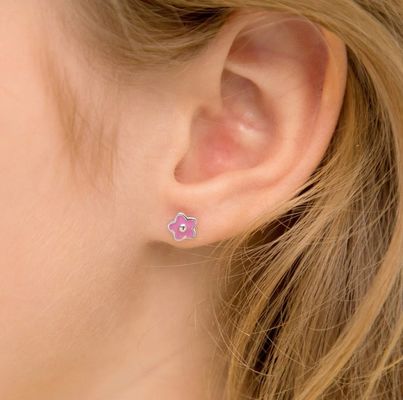925 스털링 실버 6mm 핑크 에나멜 꽃 스터드 귀걸이 (어린이용 맞춤형 로고 및 제3자 감정 포함)