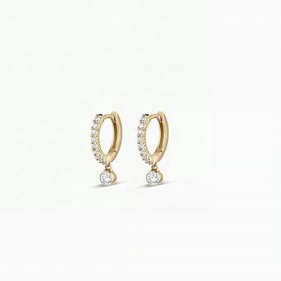트렌디 14K 금 도금 지르콘 드롭 파베 허기 이어링, 프로필 직경 9.5mm, 총 드롭 12mm