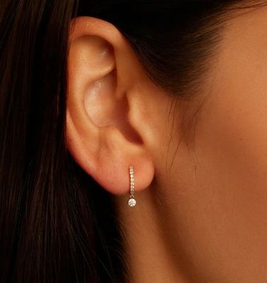 트렌디 14K 금 도금 지르콘 드롭 파베 허기 이어링, 프로필 직경 9.5mm, 총 드롭 12mm